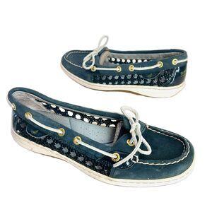 Sperry Topsider Boat Shoes Womens 7.5 Navy Blue Open Weave Leather
